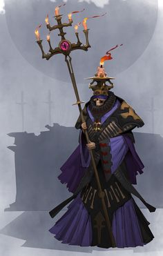 a man dressed in costume and holding a stick with candles on it's head