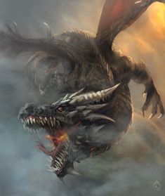 a dragon flying through the air with it's mouth open