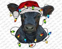 a black cow wearing a santa hat with christmas lights