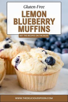 A lemon blueberry muffin on a table with a bowl of blueberries. Gluten Free Blueberry Muffins, Blueberry Muffin Recipe, Blueberry Muffins Recipe, Gluten Free Sugar Cookies, Snack Craving, Quick Breakfast Recipes, Healthy Recipes Easy Snacks