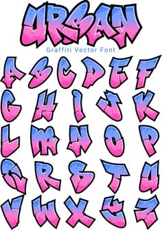 graffiti alphabets and numbers in pink, blue, and purple colors on a white background