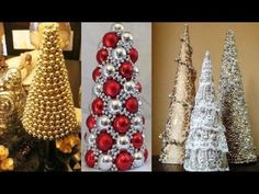 three different types of christmas trees with red and white ornaments on them, one is gold