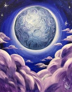 an acrylic painting of a full moon in the night sky with clouds and stars