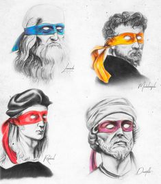 four different colored drawings of people wearing blindfolds and eye masks, one with a beard