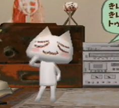 an animated cat standing in front of a tv