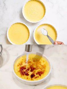 three bowls filled with yellow food on top of a white marble counter next to measuring spoons