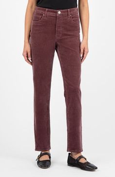 A high waist and slim, tapered legs bring classic '90s style to five-pocket pants made from stretchy corduroy for plush texture. 29" inseam; 14" leg opening; 10 1/2" front rise; 14" back rise (size 8) Zip fly with button closure Five-pocket style 98% cotton, 2% spandex Machine wash, tumble dry Imported Walker Shoes, Holiday Pajamas, 90s Style, Pocket Pants, Comfortable Dress, Fashion Help, Dress Romper, Holiday Outfits, Tapered Legs