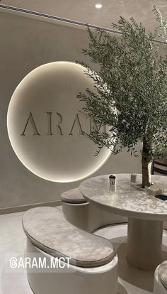 a round table with two benches and a vase on the top, in front of a circular sign that reads aria