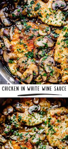 chicken in white wine sauce with mushrooms and parsley on the side, served in a skillet