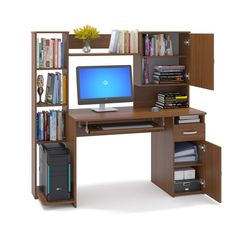 a computer desk with bookshelves and a monitor on it's stand up shelf