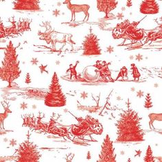 a red and white christmas pattern with santa on sleigh, reindeers and trees