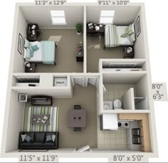 the floor plan for a two bedroom apartment with an attached kitchen, living room and dining area