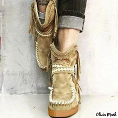 Olivia Mark - Short Fringe Martin Boots with Flat Heels - Ideal Casual Footwear Tassel Heels, Rough Heels, Winter Heels, Flat Heel Boots, Suede Tassel, Buckle Shoes, Casual Heels, Pull On Boots, Martin Boots