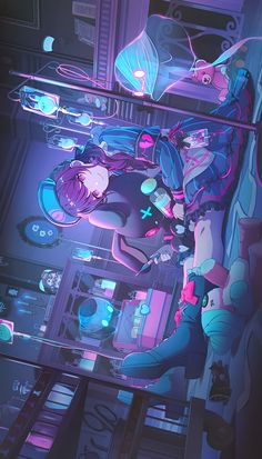 an illustration of a woman laying on top of a bed in a room with neon lights