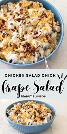 chicken salad with grapes and pecans in a blue bowl