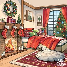 a bedroom decorated for christmas with stockings on the fire place and decorations around the fireplace