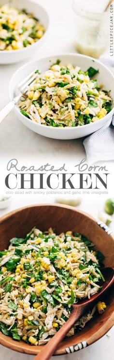 two bowls filled with chicken and veggies on top of a white tablecloth