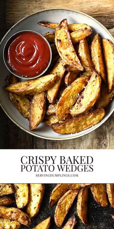 crispy baked potato wedges with ketchup on the side