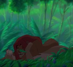 the lion king is laying down in the jungle with his head resting on his chest