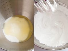 two pictures side by side one shows cream and the other shows butter in a mixing bowl