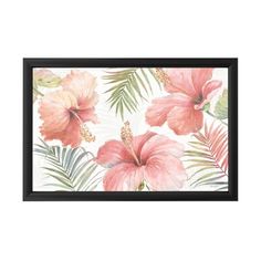 a painting with pink flowers and palm leaves on the bottom, in a black frame