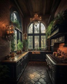 an old fashioned kitchen with lots of windows and plants in the window sills