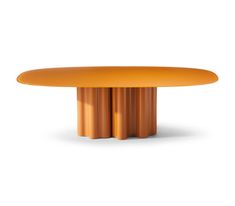 an orange round table with two columns in the middle and one column at the end