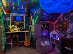 a room filled with lots of decorations and lights on the walls, including a guitar