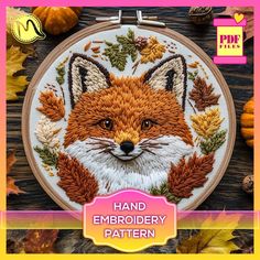 an embroidered fox with leaves and acorns is featured in this hand embroidery pattern