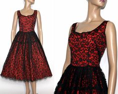 "This fabulous 1950's dress is not for the faint of heart.  The red satin is bold and beautiful while the black lace overlay provides a softening touch.  A most splendid combination indeed.  Dress closes on the side with a nylon zipper.  The original zipper was metal but had missing teeth so it was professionally replaced and works like a charm now.  Excellent condition.  Nice vintage find.  We'll provide the dress, you'll have to find the party. Measurements for the gown: Bust - 36\" Waist - 24\"   Hips - Full Overall length - 45\" Please read my shop policies, as I don't accept returns.  Should you have any questions please feel free to contact me and I will reply.  If you mark my shop as a favorite you will be able to see my updates." 1950s Red Party Dress, 1950s Style Red Party Dress, Red 1950s Style Evening Dress, Red Vintage Lace Dress, 1950's Dress, Missing Teeth, Vintage 1950s Dress, Vintage 1950s Dresses, Red Lace Dress