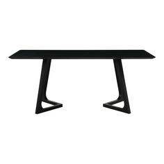 a black table with two triangular legs and a rectangular top, on a white background