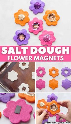 the process to make felt flower magnets is shown with pictures and text that says salt dough