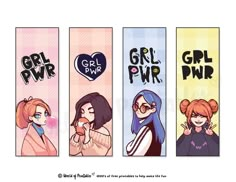 three cartoon bookmarks with girls in different colors and font on the covers, one is saying girl power