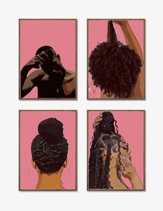 This wave, shrinkage, natural hair, braids  pink set svg digital print is the perfect piece for your home, office, or place of business, it will add the pop you need to any room. This print is a digital download. Instantly ready to brighten up any space. Our printable art is easily customizable for any frame size and instantly accessible as a digital download file for you to print at home, take to your local print shop or upload to a printing service and have them delivered to your door! Include Pink And Brown Room, Mini Salon Ideas, Shrinkage Natural Hair, Braids Pink, Hair Salon Art, Women Prints, Curly Hair Salon, Hair Print, Salon Wall Art