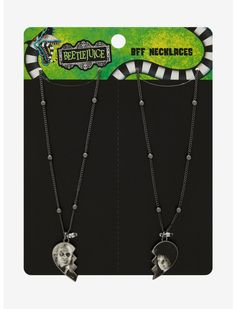 two necklaces that have been designed to look like the characters from beetlejuice