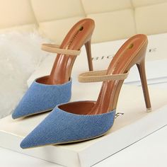 Denim Heels, Fashion Shoes Heels, Cute Shoes Heels, Fancy Shoes, Girly Shoes, Elegant Shoes, Fashion High Heels