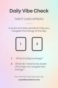 the text reads daily vibe check tarot card spread, and an image of two cards with