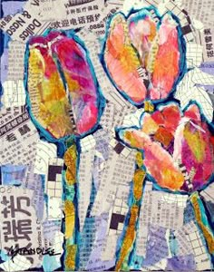 an image of two flowers made out of collages on newspaper paper with the words collage art written below it