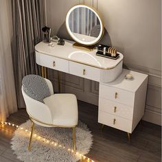 a white desk with a mirror, chair and lights on the floor next to it