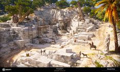 an ancient city surrounded by palm trees and stone ruins