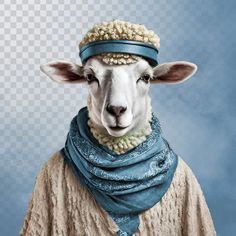 a sheep with a blue scarf around its neck wearing a knitted hat and shawl