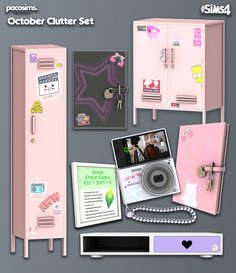 an assortment of items are displayed on a gray background, including a pink locker with pictures and magnets