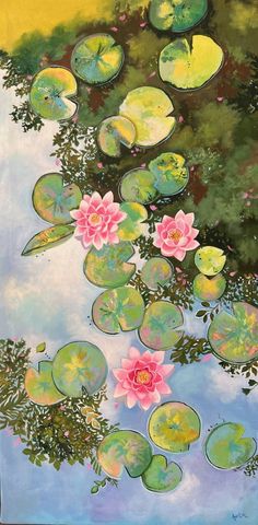 a painting of water lilies floating on top of green leaves