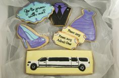 decorated cookies in the shape of limos and prom dresses