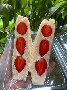 two pieces of bread with strawberries on them sitting in a plastic container next to green leaves