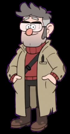 an old man in a trench coat and glasses standing with his hands on his hips