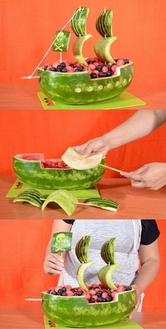 there is a boat made out of watermelon and other fruits in the shape of boats