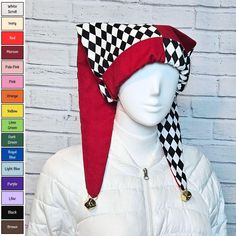 ** ORDERS WILL SHIP IN 4 WEEKS ** Jester / harlequin hat in black and white diamond print with your choice of solid colors. Gold color jingle bells on the ends.  Request different bell color at checkout. Hat is about 23 inches long from brim to ends. Made from 100% cotton, so it's lightweight and cool. Machine washable (though you may want to remove the bells first). Small fits head sizes 18" to 20". Medium fits head sizes 21" to 24". Large fits head sizes 25" to 26". Feel free to ask about othe Jester Hat Pattern, Clown Stuff, Jester Costume, Jester Hat, Costume Patterns, Diy Hat, Diamond Print, Skull Cap Beanie, Skull Cap