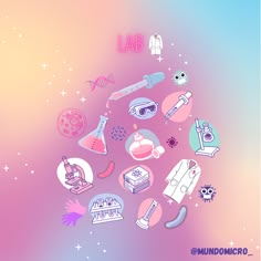 an image of various items in the shape of a tree on a pink and blue background