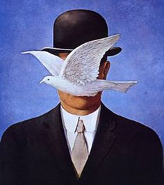 a painting of a man with two birds on his head